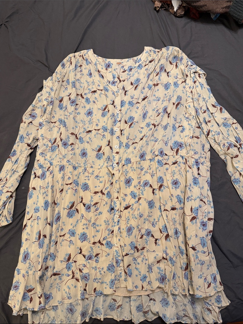 Free People Cream Tunic with Blue Floral Print
